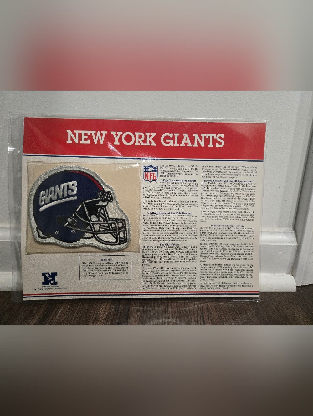 Vintage NFL 1995 New York Giants Iron On Patch With Info Card